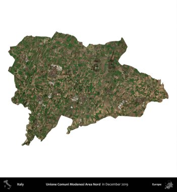 Unione Comuni Modenesi Bölgesi Nord. İtalya 'nın idari bölgesi, Aralık 2019' da çekilen Kopernik Nöbetçi karolarından oluşan bir uydu görüntüsüyle beyaza izole edildi.