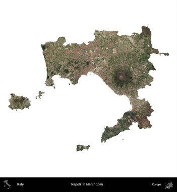 Napoli. İtalya 'nın idari bölgesi, Mart 2019' da çekilen Kopernik Nöbetçi karolarından oluşan bir uydu görüntüsüyle beyaza izole edildi.