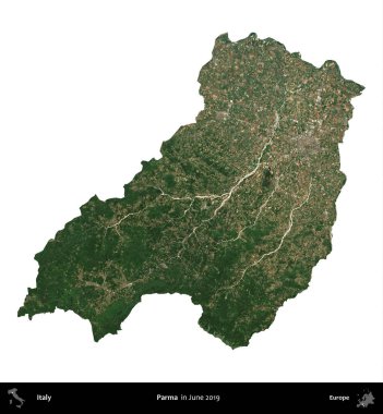 Parma. İtalya 'nın idari bölgesi, Haziran 2019' da çekilen Kopernik Nöbetçi karolarından oluşan bir uydu görüntüsüyle beyaza izole edildi.