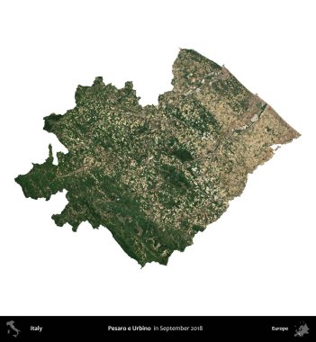 Pesaro ve Urbino. İtalya 'nın idari bölgesi, Eylül 2018' de çekilen Kopernik Nöbetçi karolarından oluşan bir uydu görüntüsü ile beyaza izole edildi.