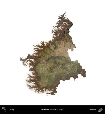 Piemonte. İtalya 'nın idari bölgesi, Mart 2019' da çekilen Kopernik Nöbetçi karolarından oluşan bir uydu görüntüsüyle beyaza izole edildi.