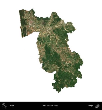 Pisa. İtalya 'nın idari bölgesi, Haziran 2019' da çekilen Kopernik Nöbetçi karolarından oluşan bir uydu görüntüsüyle beyaza izole edildi.