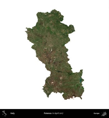 Potenza. İtalya 'nın idari bölgesi, Nisan 2017' de çekilen Kopernik Nöbetçi karolarından oluşan bir uydu görüntüsü ile beyaza izole edildi.