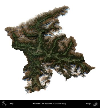 Pustertal - Val Pusteria. İtalya 'nın idari bölgesi, Ekim 2019' da çekilen Kopernik Nöbetçi karolarından oluşan bir uydu görüntüsüyle beyaza izole edildi.