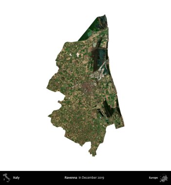 Ravenna. İtalya 'nın idari bölgesi, Aralık 2019' da çekilen Kopernik Nöbetçi karolarından oluşan bir uydu görüntüsüyle beyaza izole edildi.