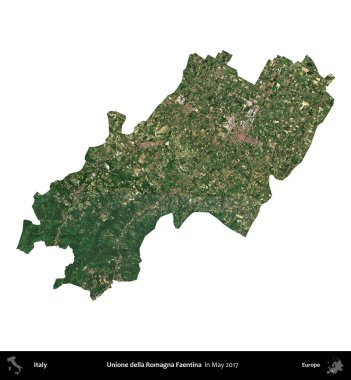 Unione della Romagna Faentina. İtalya 'nın idari bölgesi, Mayıs 2017' de çekilen Kopernik Nöbetçi karolarından oluşan bir uydu görüntüsüyle beyaza izole edildi.