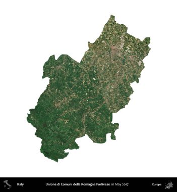 Unione di Comuni della Romagna Forlivese. İtalya 'nın idari bölgesi, Mayıs 2017' de çekilen Kopernik Nöbetçi karolarından oluşan bir uydu görüntüsüyle beyaza izole edildi.