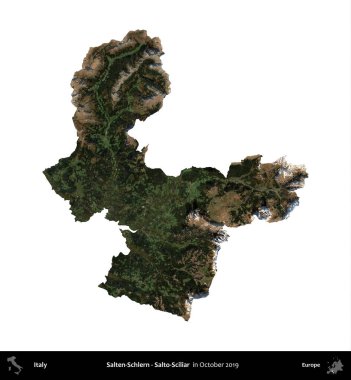 Salten-Schlern - Salto-Sciliar. İtalya 'nın idari bölgesi, Ekim 2019' da çekilen Kopernik Nöbetçi karolarından oluşan bir uydu görüntüsüyle beyaza izole edildi.