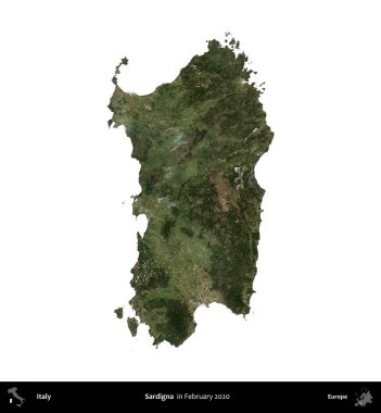 Sardigna. İtalya 'nın idari bölgesi, Şubat 2020' de çekilen Kopernik Nöbetçi karolarından oluşan bir uydu görüntüsüyle beyaza izole edildi.