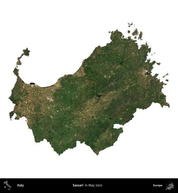 Sassari. İtalya 'nın idari bölgesi, Mayıs 2022' de çekilen Kopernik Nöbetçi karolarından oluşan bir uydu görüntüsüyle beyaza izole edildi.