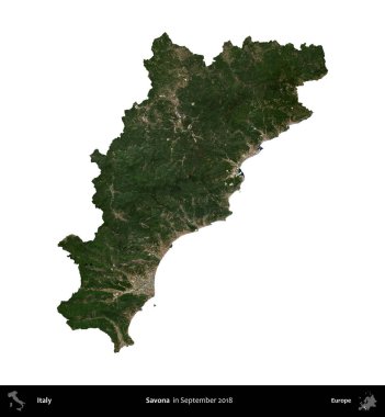 Savona. İtalya 'nın idari bölgesi, Eylül 2018' de çekilen Kopernik Nöbetçi karolarından oluşan bir uydu görüntüsü ile beyaza izole edildi.