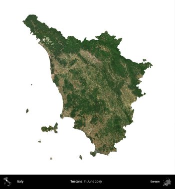 Toscana. İtalya 'nın idari bölgesi, Haziran 2019' da çekilen Kopernik Nöbetçi karolarından oluşan bir uydu görüntüsüyle beyaza izole edildi.