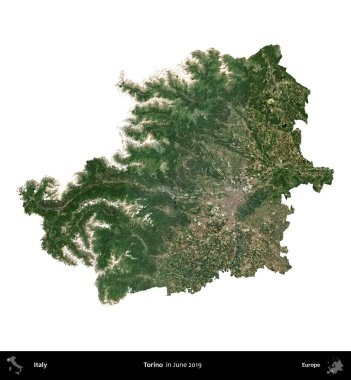 Torino. İtalya 'nın idari bölgesi, Haziran 2019' da çekilen Kopernik Nöbetçi karolarından oluşan bir uydu görüntüsüyle beyaza izole edildi.