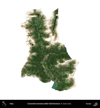 Comunita montana della Valchiavenna. İtalya 'nın idari bölgesi, Haziran 2019' da çekilen Kopernik Nöbetçi karolarından oluşan bir uydu görüntüsüyle beyaza izole edildi.