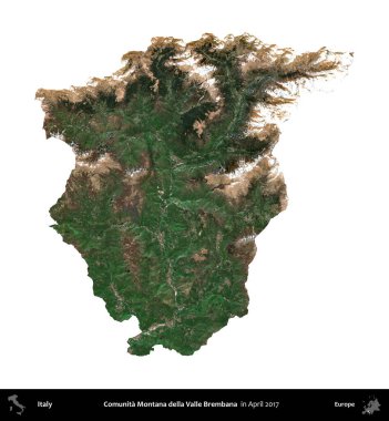 Comunita Montana della Valle Brembana. İtalya 'nın idari bölgesi, Nisan 2017' de çekilen Kopernik Nöbetçi karolarından oluşan bir uydu görüntüsü ile beyaza izole edildi.