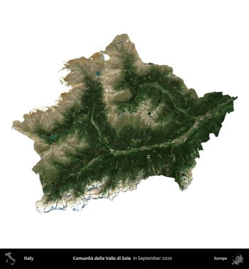 Comunita della Valle di Sole. İtalya 'nın idari bölgesi, Eylül 2020' de çekilen Kopernik Nöbetçi karolarından oluşan bir uydu görüntüsüyle beyaza izole edildi.