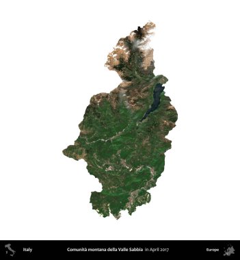 Comunita montana della Valle Sabbia. İtalya 'nın idari bölgesi, Nisan 2017' de çekilen Kopernik Nöbetçi karolarından oluşan bir uydu görüntüsü ile beyaza izole edildi.