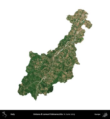 Unione di comuni Valmarecchia. İtalya 'nın idari bölgesi, Haziran 2019' da çekilen Kopernik Nöbetçi karolarından oluşan bir uydu görüntüsüyle beyaza izole edildi.