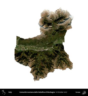 Comunita montana della Valtellina di Morbegno. İtalya 'nın idari bölgesi, Ekim 2017' de çekilen Kopernik Nöbetçi karolarından oluşan bir uydu görüntüsü ile beyaza izole edildi.