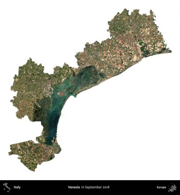Venezia 'da. İtalya 'nın idari bölgesi, Eylül 2018' de çekilen Kopernik Nöbetçi karolarından oluşan bir uydu görüntüsü ile beyaza izole edildi.