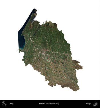 Verona. İtalya 'nın idari bölgesi, Ekim 2019' da çekilen Kopernik Nöbetçi karolarından oluşan bir uydu görüntüsüyle beyaza izole edildi.