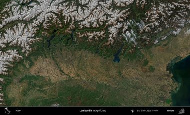 Lombardia 'da. Nisan 2017 'de çekilen Kopernik Sentinel karolarından oluşan bir uydu görüntüsü üzerine İtalya' nın idari bölgesi