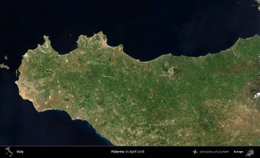 Palermo. Nisan 2018 'de çekilen Kopernik Sentinel karolarından oluşan bir uydu görüntüsü üzerine İtalya' nın idari bölgesi