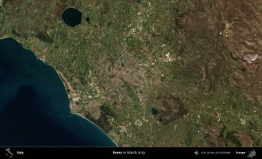 Roma. Mart 2019 'da çekilen Copernicus Sentinel karolarından oluşan bir uydu görüntüsü üzerine İtalya' nın idari bölgesi