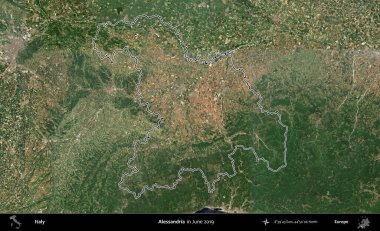 Alessandria. İtalya 'nın idari bölgesi, Haziran 2019' da çekilen Kopernik Nöbetçi karolarından oluşan bir uydu görüntüsüyle özetlenmiştir.