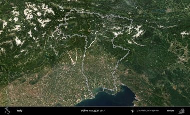 Udine. İtalya 'nın idari bölgesi, Ağustos 2017' de çekilen Kopernik Nöbetçi karolarından oluşan bir uydu görüntüsüyle özetlenmiştir.