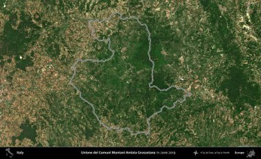 Unione dei Comuni Montani Amiata Grossetana. İtalya 'nın idari bölgesi, Haziran 2019' da çekilen Kopernik Nöbetçi karolarından oluşan bir uydu görüntüsüyle özetlenmiştir.