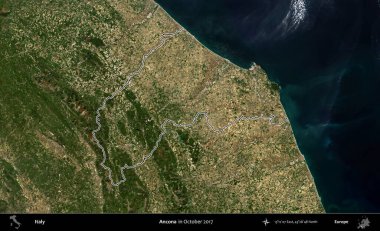 Ancona 'da. İtalya 'nın idari bölgesi, Ekim 2017' de çekilen Kopernik Nöbetçi karolarından oluşan bir uydu görüntüsüyle özetlenmiştir.