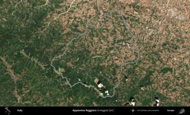 Appennino Reggiano. İtalya 'nın idari bölgesi, Ağustos 2017' de çekilen Kopernik Nöbetçi karolarından oluşan bir uydu görüntüsüyle özetlenmiştir.