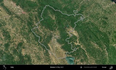 Arezzo. İtalya 'nın idari bölgesi, Mayıs 2017' de çekilen Kopernik Nöbetçi karolarından oluşan bir uydu görüntüsüyle özetlenmiştir.