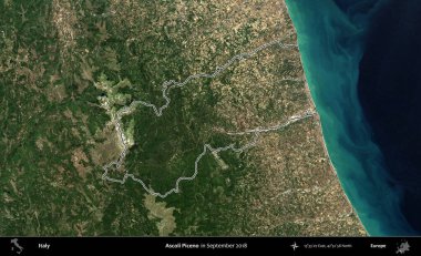 Ascoli Piceno. İtalya 'nın idari bölgesi, Eylül 2018' de çekilen Kopernik Nöbetçi karolarından oluşan bir uydu görüntüsüyle özetlenmiştir.