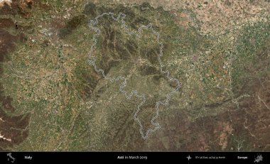 Asti. İtalya 'nın idari bölgesi, Mart 2019' da çekilen Kopernik Nöbetçi karolarından oluşan bir uydu görüntüsüyle özetlenmiştir.
