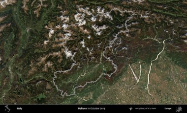Belluno. İtalya 'nın idari bölgesi, Ekim 2019' da çekilen Kopernik Nöbetçi karolarından oluşan bir uydu görüntüsüyle özetlenmiştir.