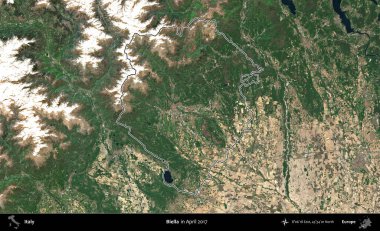 Biella. İtalya 'nın idari alanı Nisan 2017' de çekilen Kopernik Nöbetçi karolarından oluşan bir uydu görüntüsüyle özetlendi.