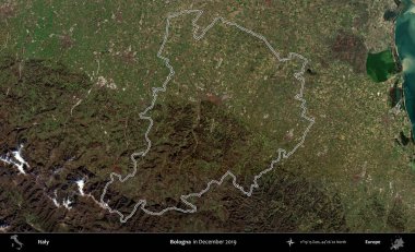 Bologna. İtalya 'nın idari bölgesi, Aralık 2019' da çekilen Kopernik Nöbetçi karolarından oluşan bir uydu görüntüsüyle özetlenmiştir.