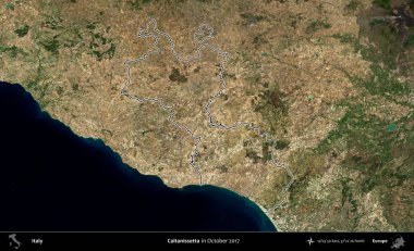 Caltanissetta. İtalya 'nın idari bölgesi, Ekim 2017' de çekilen Kopernik Nöbetçi karolarından oluşan bir uydu görüntüsüyle özetlenmiştir.