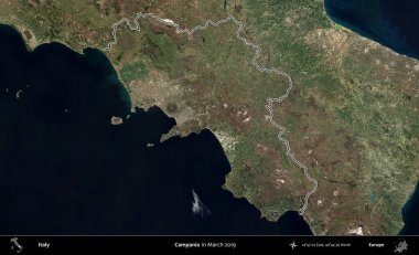 Campania 'da. İtalya 'nın idari bölgesi, Mart 2019' da çekilen Kopernik Nöbetçi karolarından oluşan bir uydu görüntüsüyle özetlenmiştir.