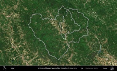 Unione dei Comuni Montani del Casentino. İtalya 'nın idari bölgesi, Haziran 2019' da çekilen Kopernik Nöbetçi karolarından oluşan bir uydu görüntüsüyle özetlenmiştir.