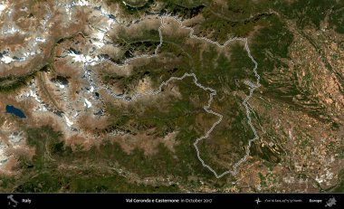 Val Ceronda ve Casternone. İtalya 'nın idari bölgesi, Ekim 2017' de çekilen Kopernik Nöbetçi karolarından oluşan bir uydu görüntüsüyle özetlenmiştir.