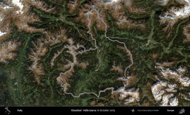 Eisacktal - Valle Isarco. İtalya 'nın idari bölgesi, Ekim 2019' da çekilen Kopernik Nöbetçi karolarından oluşan bir uydu görüntüsüyle özetlenmiştir.