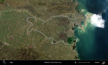 Ferrara. İtalya 'nın idari bölgesi, Aralık 2019' da çekilen Kopernik Nöbetçi karolarından oluşan bir uydu görüntüsüyle özetlenmiştir.