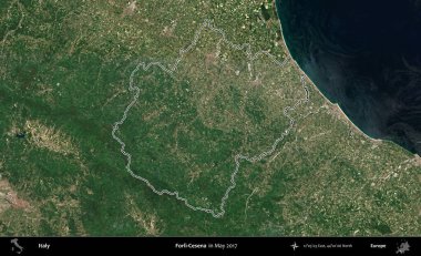 Forli-Cesena. İtalya 'nın idari bölgesi, Mayıs 2017' de çekilen Kopernik Nöbetçi karolarından oluşan bir uydu görüntüsüyle özetlenmiştir.