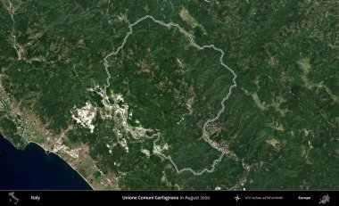 Unione Comuni Garfagnana. İtalya 'nın idari bölgesi, Ağustos 2020' de çekilen Kopernik Nöbetçi karolarından oluşan bir uydu görüntüsüyle özetlenmiştir.