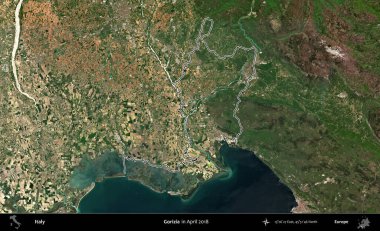Gorizia. İtalya 'nın idari bölgesi, Nisan 2018' de çekilen Kopernik Nöbetçi karolarından oluşan bir uydu görüntüsüyle özetlenmiştir.