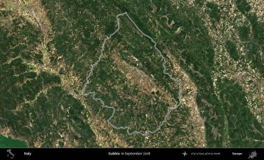 Gubbio. İtalya 'nın idari bölgesi, Eylül 2018' de çekilen Kopernik Nöbetçi karolarından oluşan bir uydu görüntüsüyle özetlenmiştir.