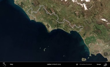 Latin. İtalya 'nın idari bölgesi, Mart 2019' da çekilen Kopernik Nöbetçi karolarından oluşan bir uydu görüntüsüyle özetlenmiştir.